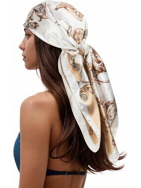 Women's Ivory Beige Printed Square Scarf Bandanas Hair Scarf 35 Inches